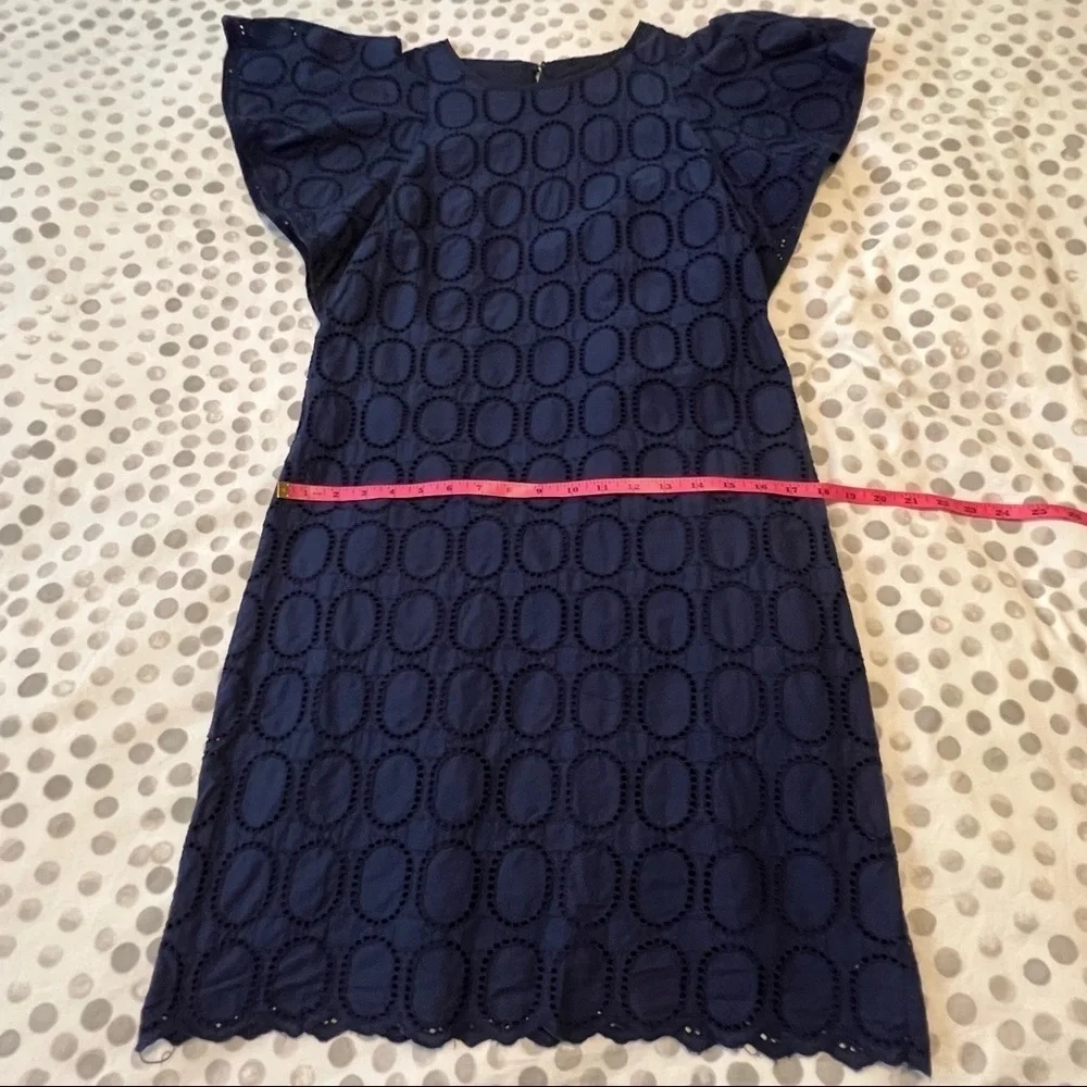 J. Crew Factory Scalloped Eyelet Navy Blue Shift Dress With Flutter Sleeve Sz 2